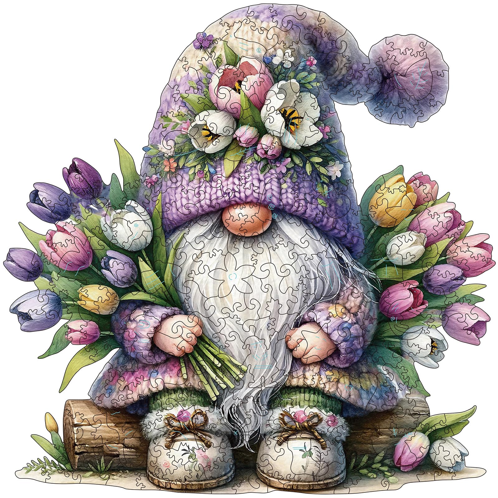 Gnome Wooden Puzzles for mature-themeds  300pcs Gnome Wooden Jigsaw Puzzles for mature-themeds  Flowers Unique Shaped Jigsaw Puzzles Creative Gift for Friend Family Game Large Size 15'' x 14.1''