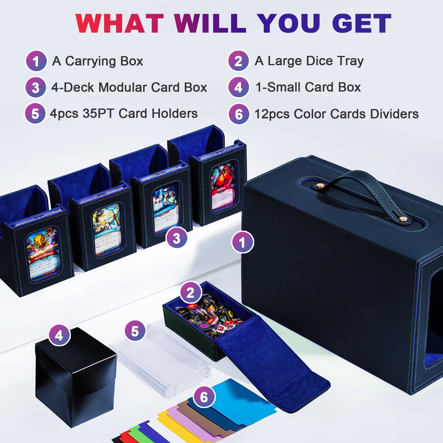 ArtBoutiq Commander Deck Box for MTG  6-Deck Modular Card Case with Dice Tray Holds 600+ Double-sleeved Cards  Removable Trading Cards Storage Box with 35PT Magnetic Card Holders for TCG  Black Blue