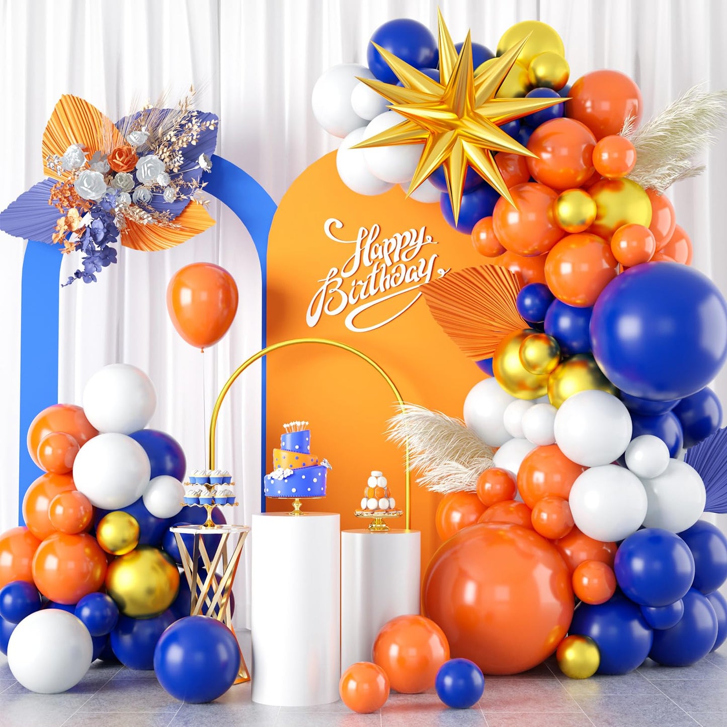 Blue And Orange Balloon Garland Arch Kit, Orange Navy Blue White Metallic Gold Balloons Decorations With Exploding Star Foil Bal