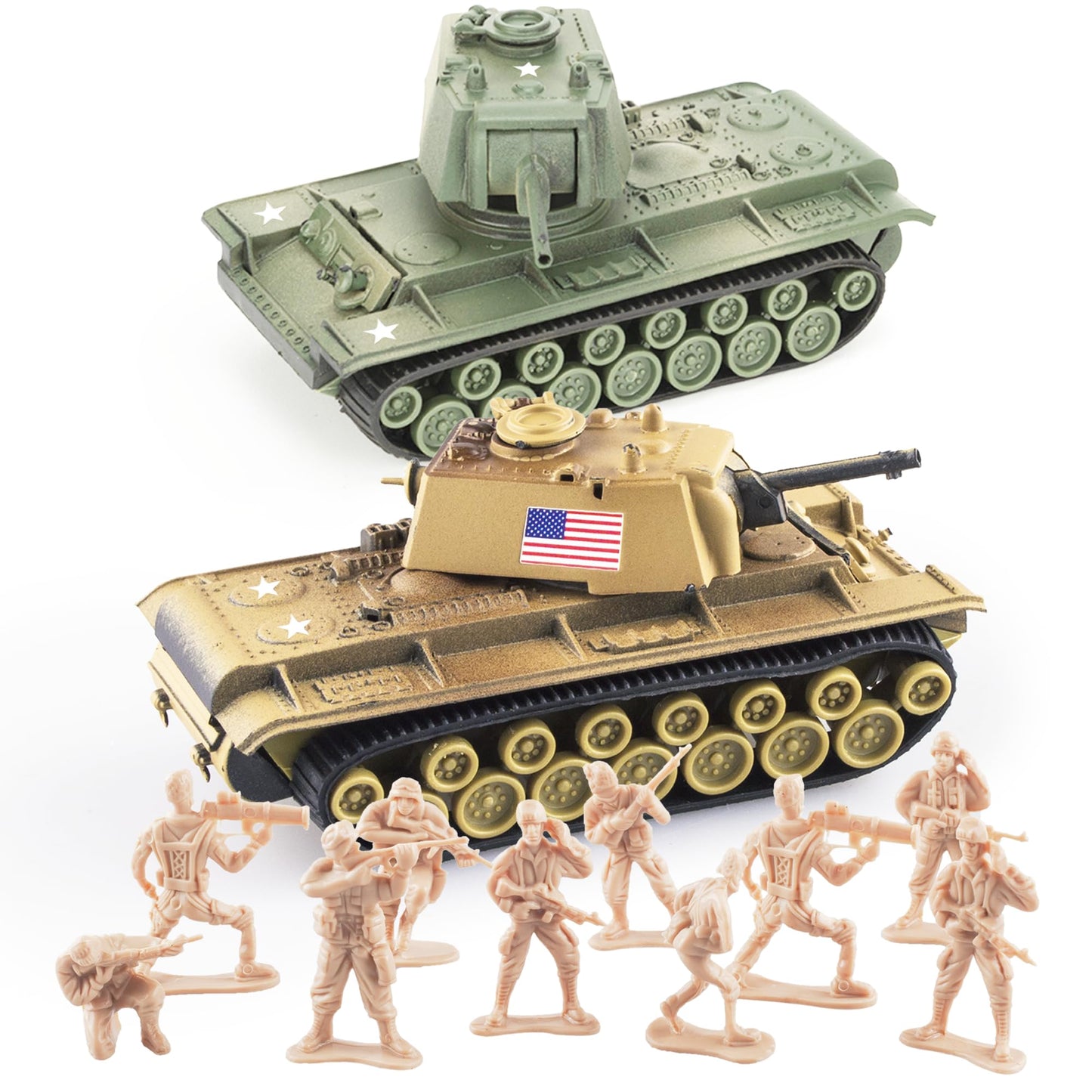 Maozyhomie Ww2 Army Tank And Army Men Toys Playset, 2Pc Us Tank-6 Models With 10Pc Toy Soldiers, Desert Tan And Olive Drab Green