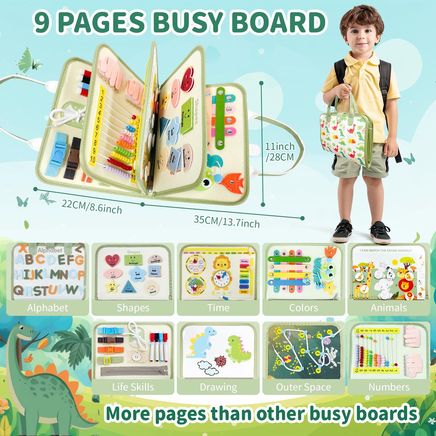 Aurasys Toddler Busy Board for 1 2 3 4 Year Old - Montessori Busy Book Travel Toys Sensory Board Educational Activity Book for L