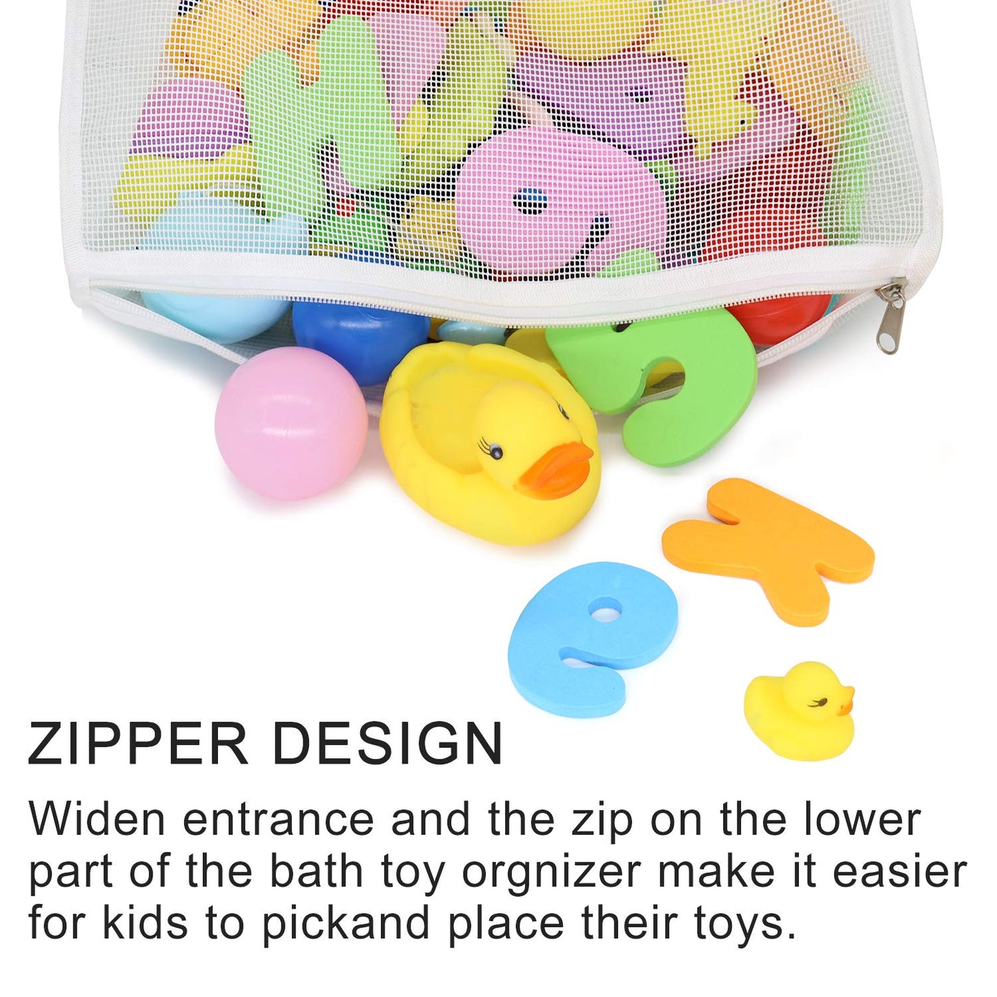 Bath Toy Organizer Multiple Ways To Hang, Extra Large Opening Bathroom Toy Holder, Bottom Zipper Bathtub Toy Storage Bag (White)