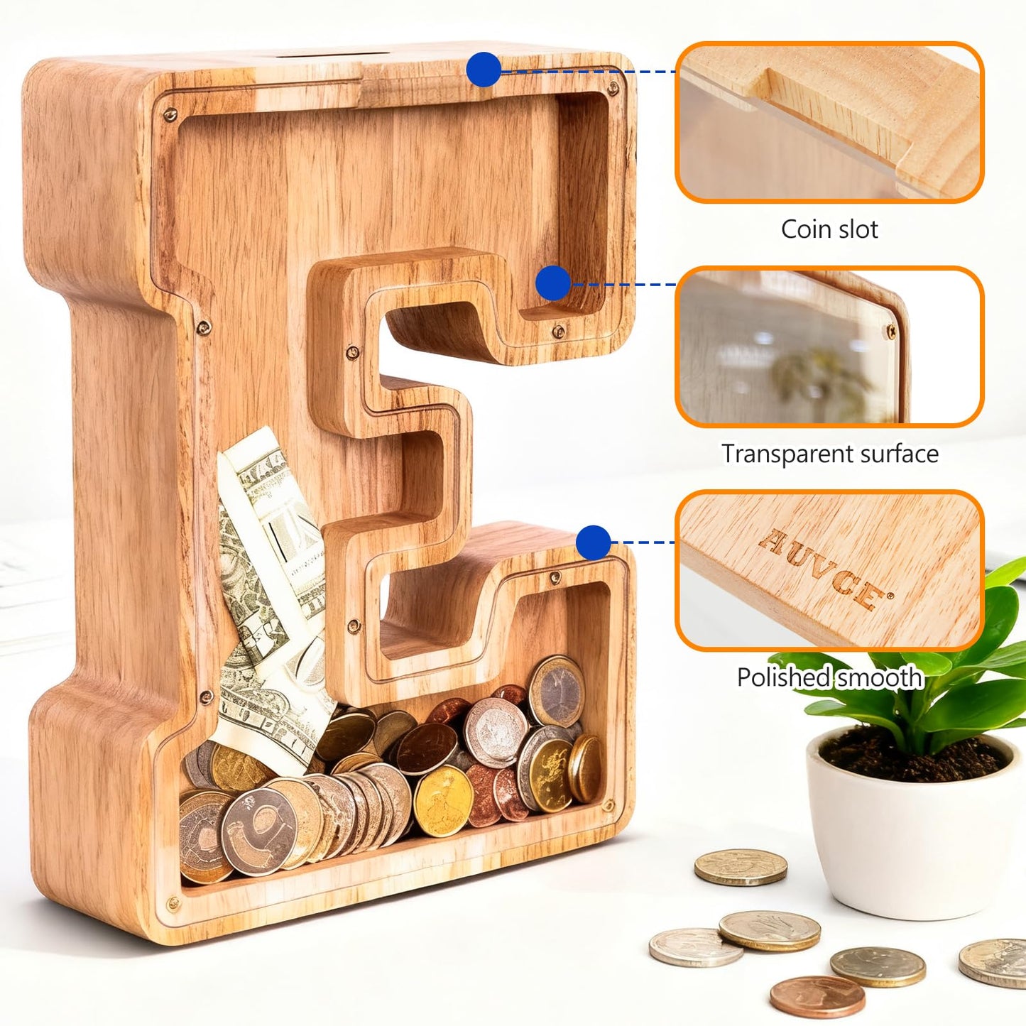 Wooden Letter Piggy Bank for Kids  Initial Coin Bank for Boys and Girls  First Name Personalized Savings Bank for Birthday Boys Girls Gift Piggy Bank for Kids (Wood  S9-D)