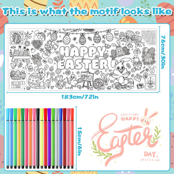 AUGSUN Easter Large Coloring Poster for Kids 72 x 30 Inch Happy Easter Coloring Tablecloth Giant with 18 Paint Pens for Crafts S