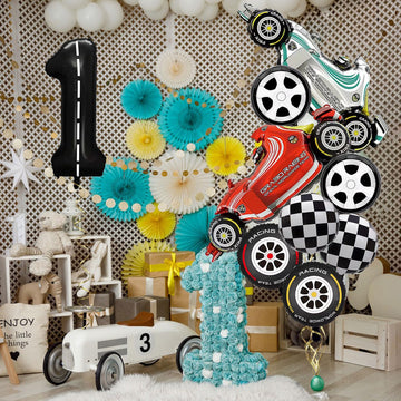 Number 1 Race Car Balloons, 43 Inch Race Car Party Decorations, Wheel Tire Balloons, Black And White Checkered Foil Balloons, Ca