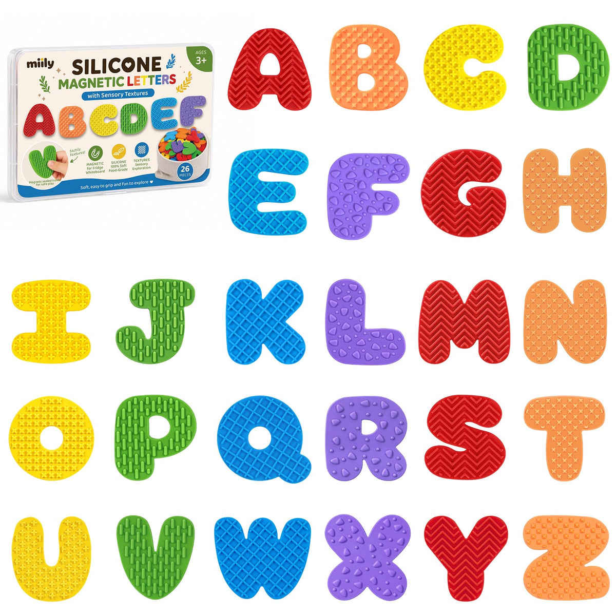 Silicone Magnetic Letters with Sensory Textures, 26 Uppercase Alphabet Magnets for Toddlers & Kids 3+, ABC Magnets for Fridge & 