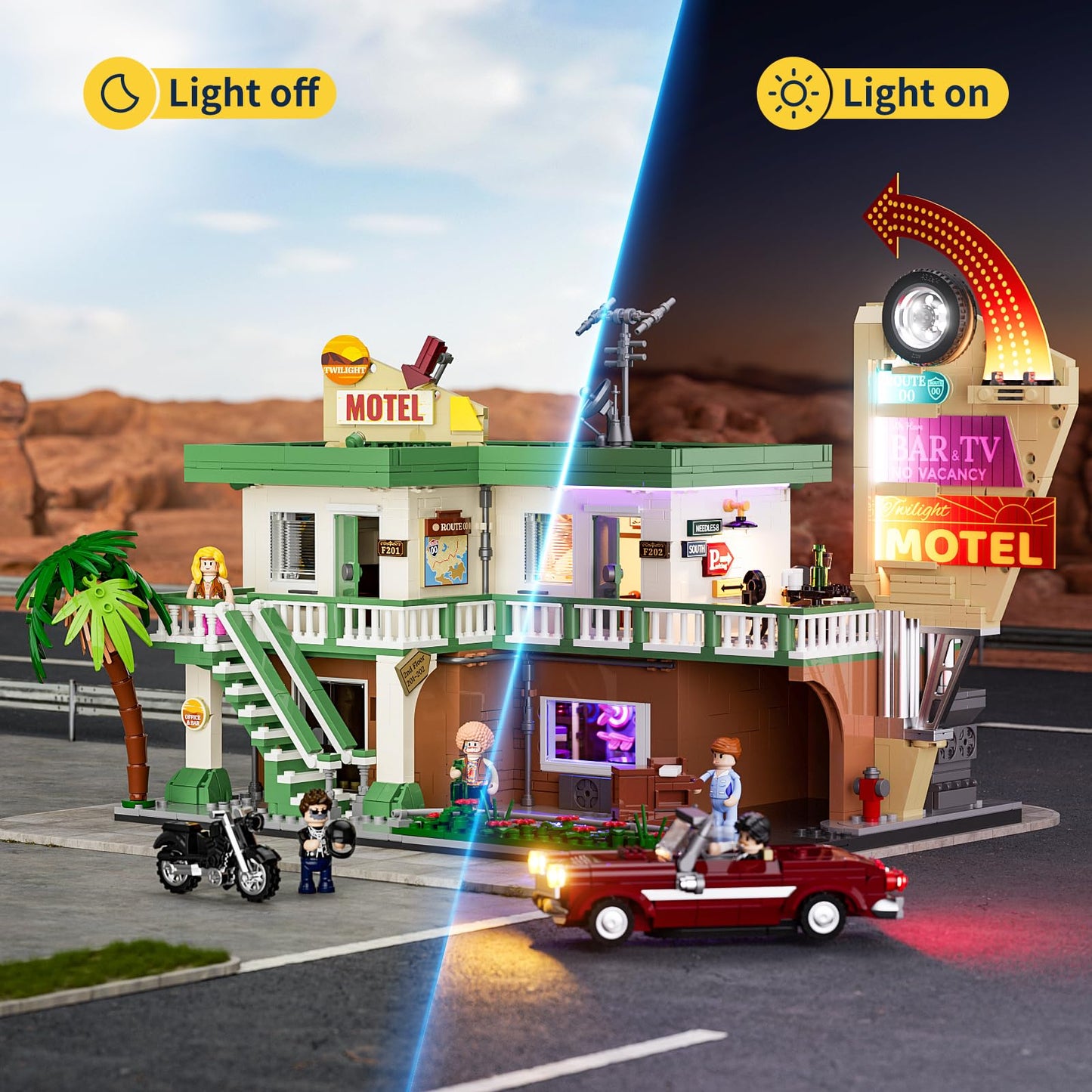 FUNWHOLE City Car-Hotel Building Set - 1970 Pcs Modular Twilight Motel with LED Lights, Plastic, Model F9054 for Adults & Teens