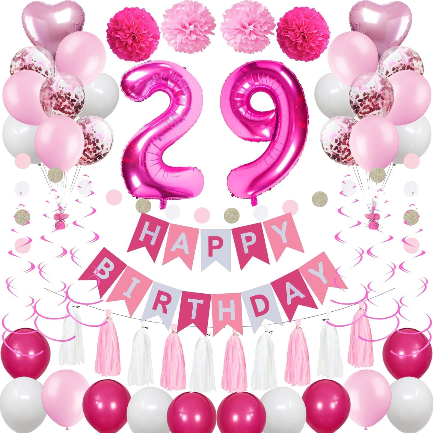 Sweet 29Th Birthday Decorations For Women, Pink And White 29 Happy Birthday Balloons, 29Th Birthday Party Supplies Including Pin