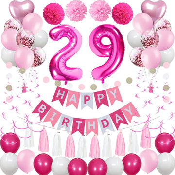 Sweet 29Th Birthday Decorations For Women, Pink And White 29 Happy Birthday Balloons, 29Th Birthday Party Supplies Including Pin