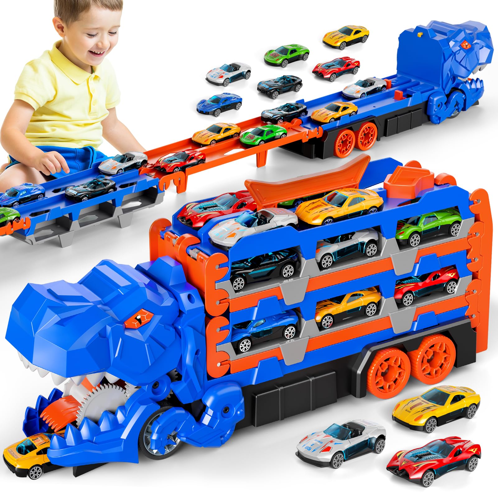 Blmukce Dinosaur Toy For Boys & Girls 2-5 Years, Race Track Truck Transporter With 12 Toy Cars, 150 Cm Foldable Car Carrier, Bir