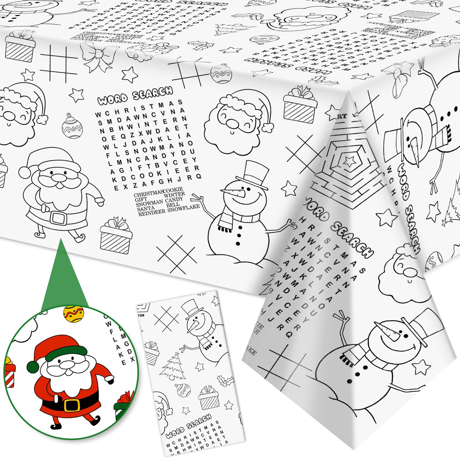 Labeol 1 Pack Christmas Tablecloth,Christmas Coloring Tablecloth for Kids,54x108 Giant Christmas Santa Claus Snowman Maze Color-