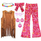 Xonyicos 8 Pcs Girls Kids 60S 70S Hippie Costume Disco Outfits Fringe Vest Boho Bell Bottoms Hippie Outfits Accessories Set (Bro