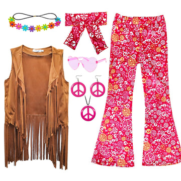 Xonyicos 8 Pcs Girls Kids 60S 70S Hippie Costume Disco Outfits Fringe Vest Boho Bell Bottoms Hippie Outfits Accessories Set (Bro