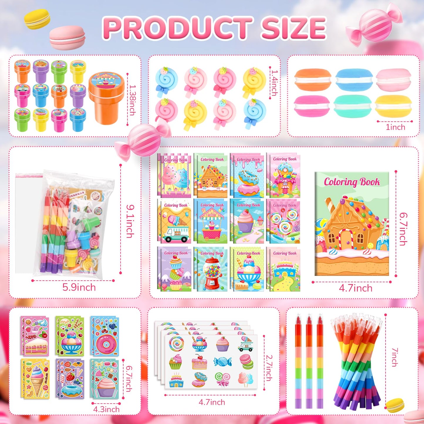 BenLouis 168Pcs Candyland Party Favors Ice Cream Donut Coloring Book Crayon Stickers Set Bulk for Kids Cupcake Lollipop Sweet Tr