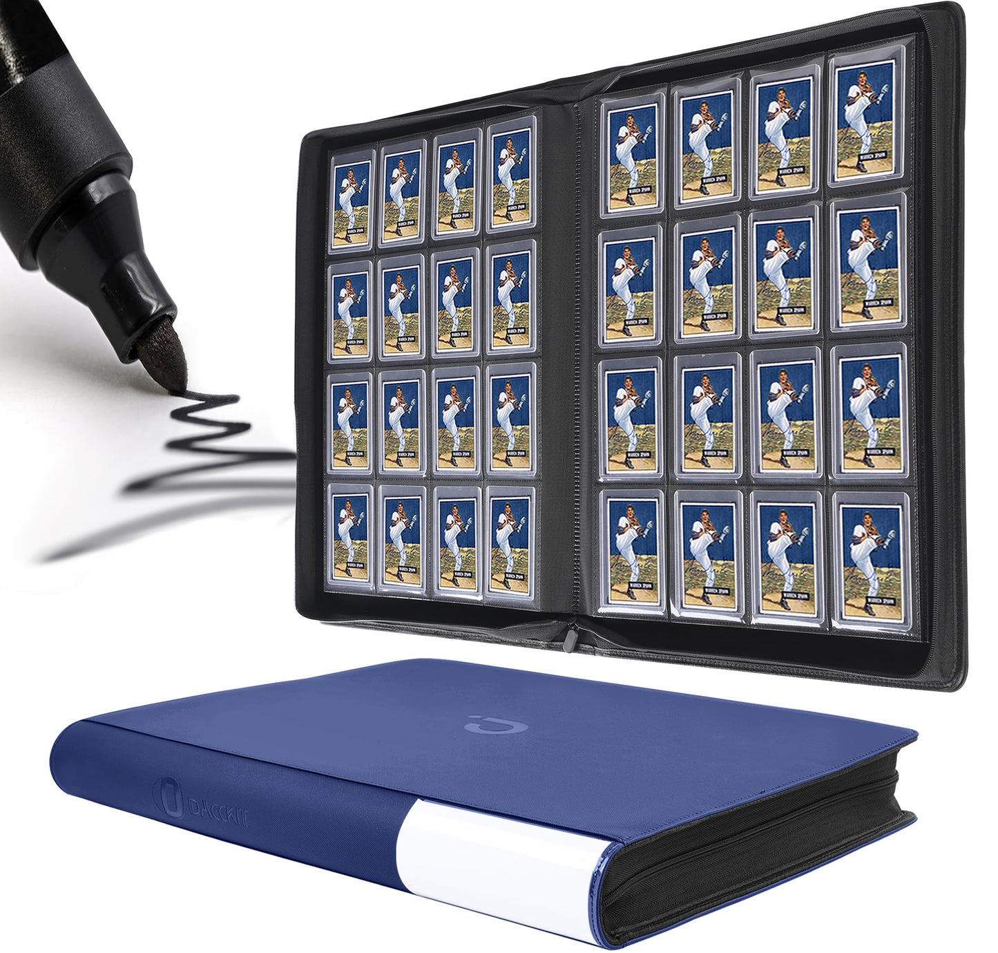D DACCKIT Toploader Binder - 16-Pocket, Large, Navy Blue, Holds 640 Toploaders, Leather Model A for Trading/Sports Cards