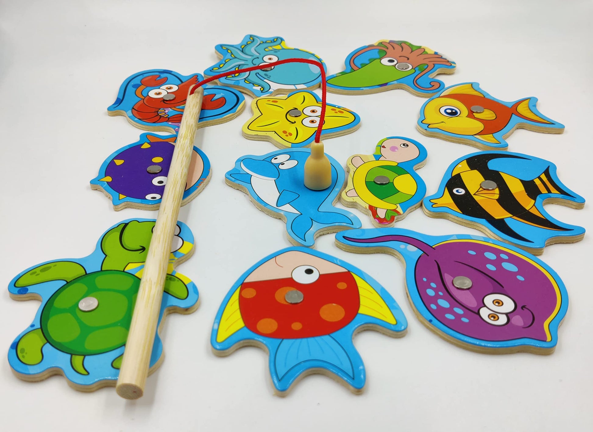 Toyshine 12 Pcs Wooden Magnetic Fishing Toy Set, Fishing Game (D-Lite)
