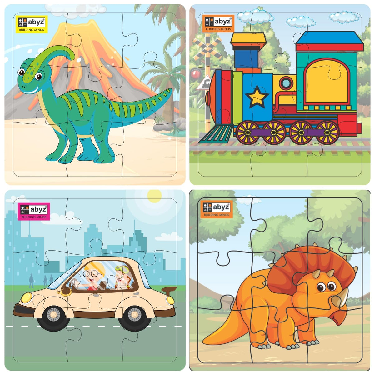 ABYZ Wooden Jigsaw Puzzle  Dinosaur and Transport Playset for Fun Educational & Little Explorers, 9Pieces & Set of 4 Multicolo