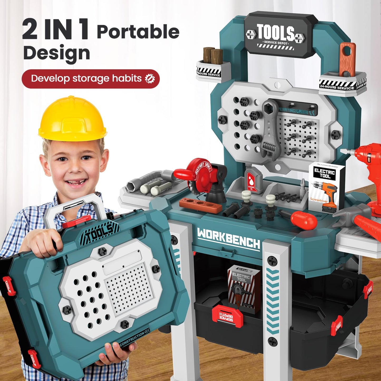 Kids Tool Bench, Toddler Workbench with Electric Drill and 78 Realistic Toy Tools, Toy Tool Bench Workshop, Pretend Play Kids To