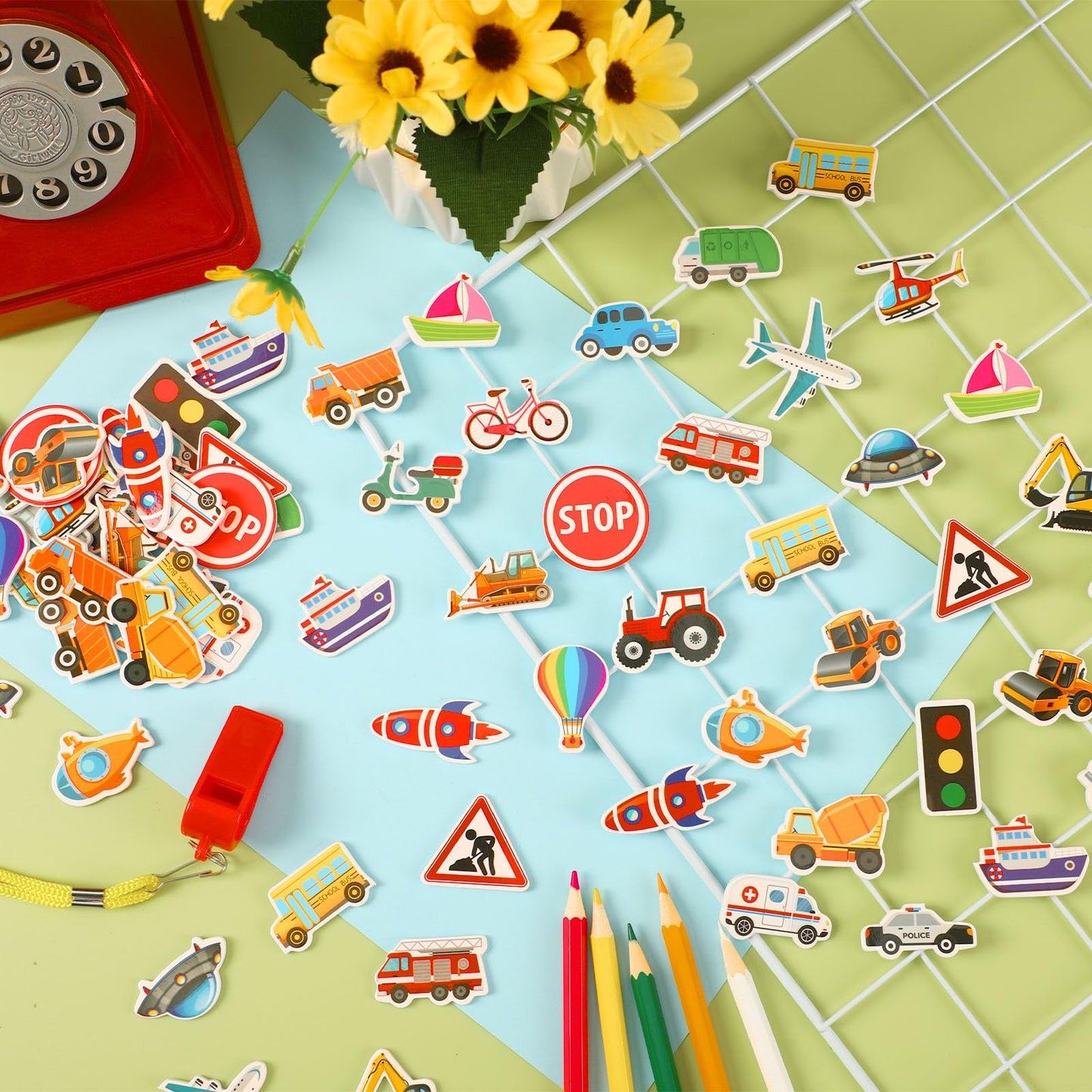 JULBEAR 300 Pieces Transportation Foam Stickers Bulk Self-Adhesive Cartoon Race Car Bus Vehicle Truck Stickers for Crafts Transp