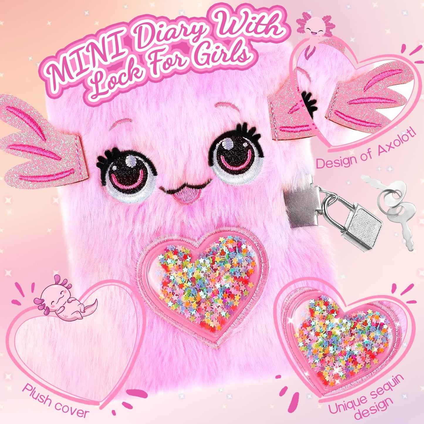 Prinbarbee Mini Axolotl Diary For Girls With Lock And Keys,4.7X6.1In Kids Journal School Travel Notebook Gift Set For Writing An