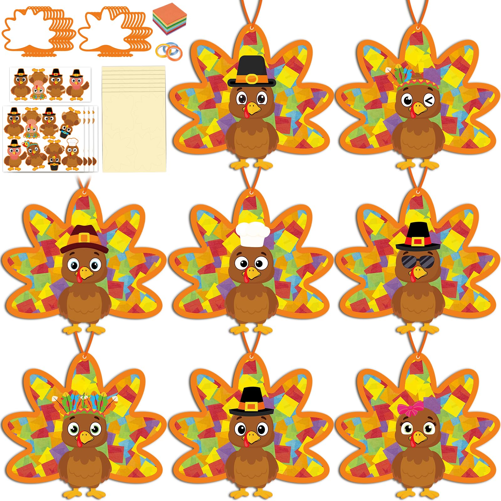 Renbuzhu 36PCS Thanksgiving Crafts Bulk: Turkey Paper Suncatchers DIY Kit for Fall Activities Decorations, Window Stained Glass 