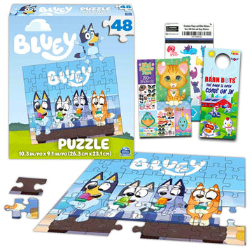 Bluey Premier 48 Pc Puzzle Set For Kids - Bluey Party Supplies Bundle With 1 Bluey Puzzle, Crenstone Puppy Stickers, And More (B