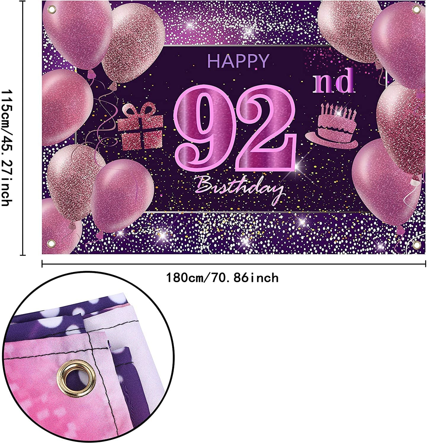 IMISI 92nd Birthday Decorations - Happy Birthday Banner, Pink Polyester Backdrop for Women's Party