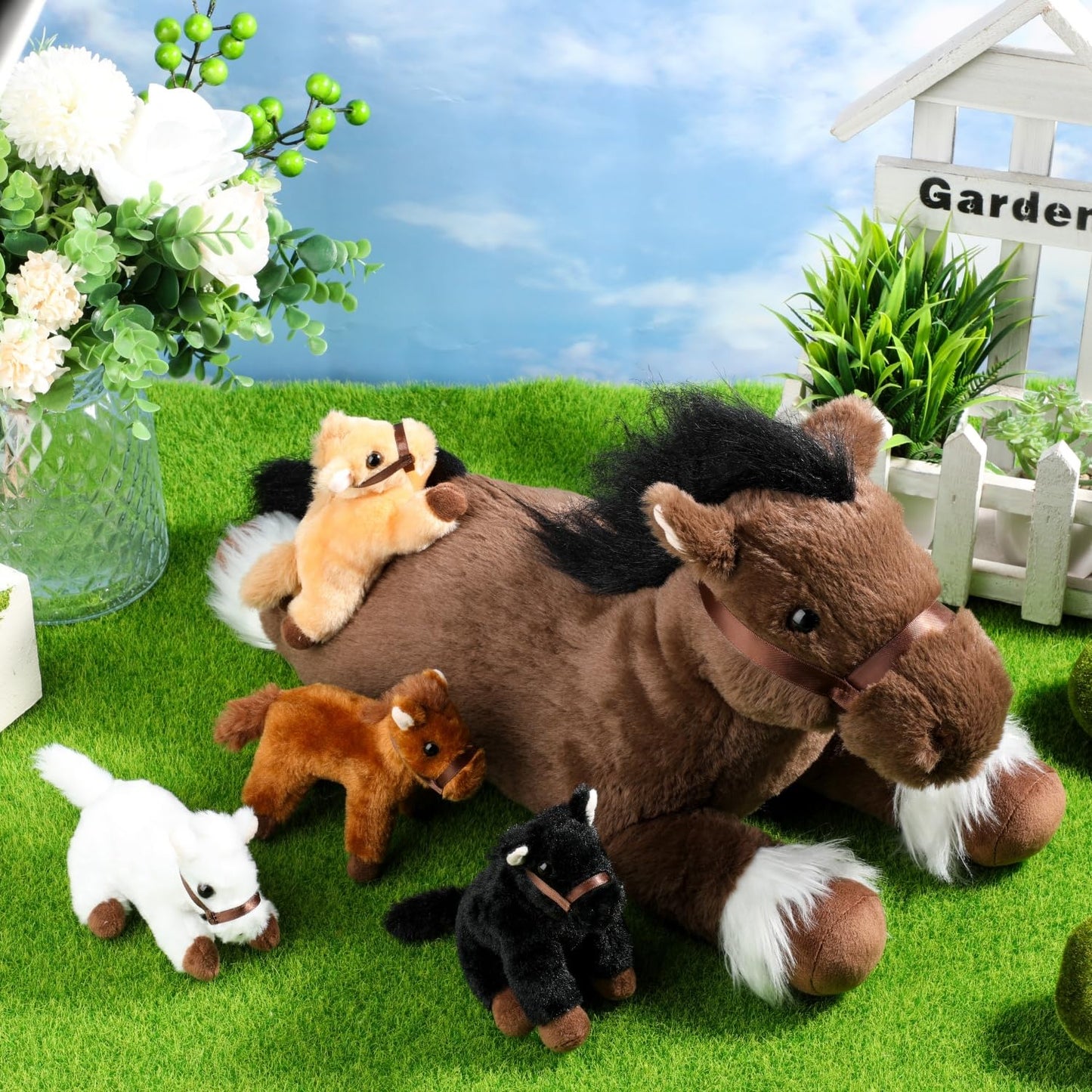 Lenwen 5 Pcs Horse Stuffed Animals 18 Inches Large Mommy Horse Plush with 4 Babies in Zippered Belly Nurturing Plushie Toy Set G