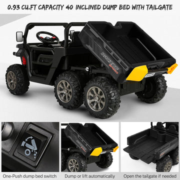Hikole 2 Seater Ride On Car With Remote, 24V Kids Electric Cars W/Dump Bed, 6 Suspension, 4Wd, 3 Speeds, Music, Storage Trunk-6X6 Ride On Utv Truck For Big Kids Boys Girls Age 3-8, Black