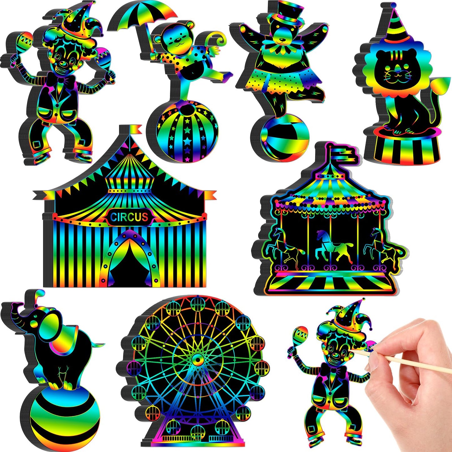 RoundFunny 80 Pcs Carnival Cutouts Scratch Cards Circus Theme Party Crafts Kids Colorful Circus Animals Scratch Paper for DIY wi