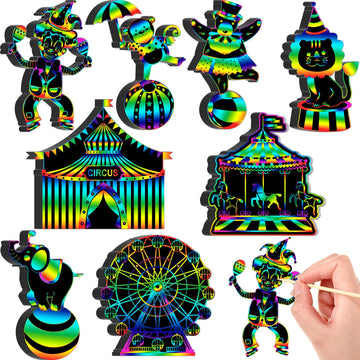 RoundFunny 80 Pcs Carnival Cutouts Scratch Cards Circus Theme Party Crafts Kids Colorful Circus Animals Scratch Paper for DIY wi