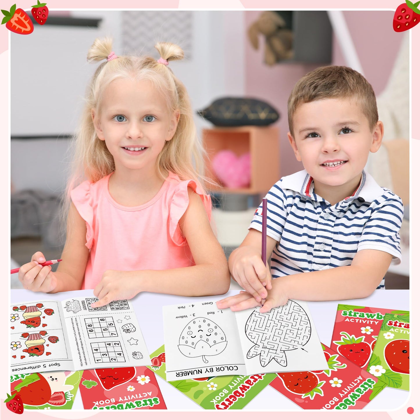 Strawberry Activity Books For Kids - 24Pcs Strawberry Mini Games Coloring Book Set Bulk Fruits Patterns Mazes Word Search Word S