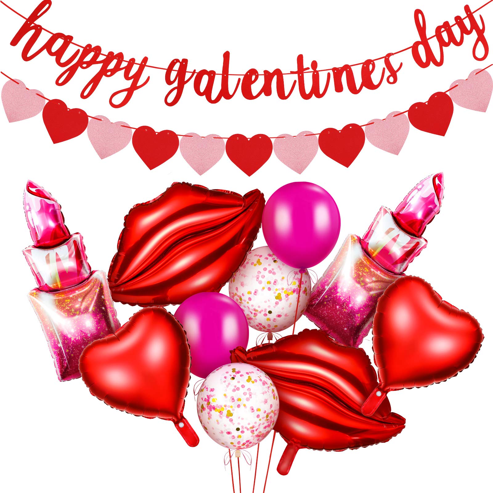 Sumind Happy Galentines Day Decorations Happy Galentines Day Banner Pink Red Heart Banners and Red Lips Lipstick Heart Balloon