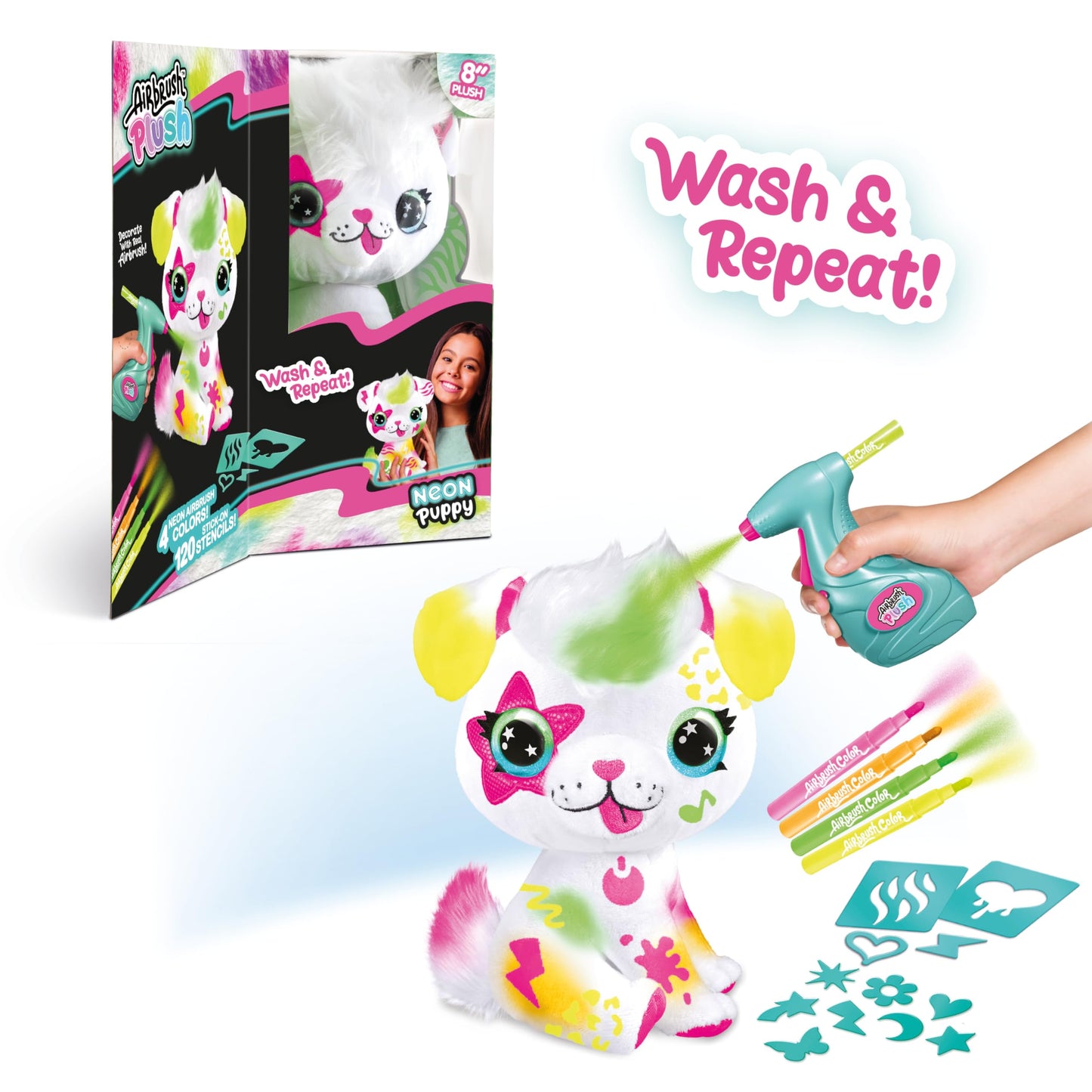 Canal Toys Airbrush Plush Neon Puppy - Customizable Spray Art with Markers & Stencils, Ages 6+, Model 228412, Polyester