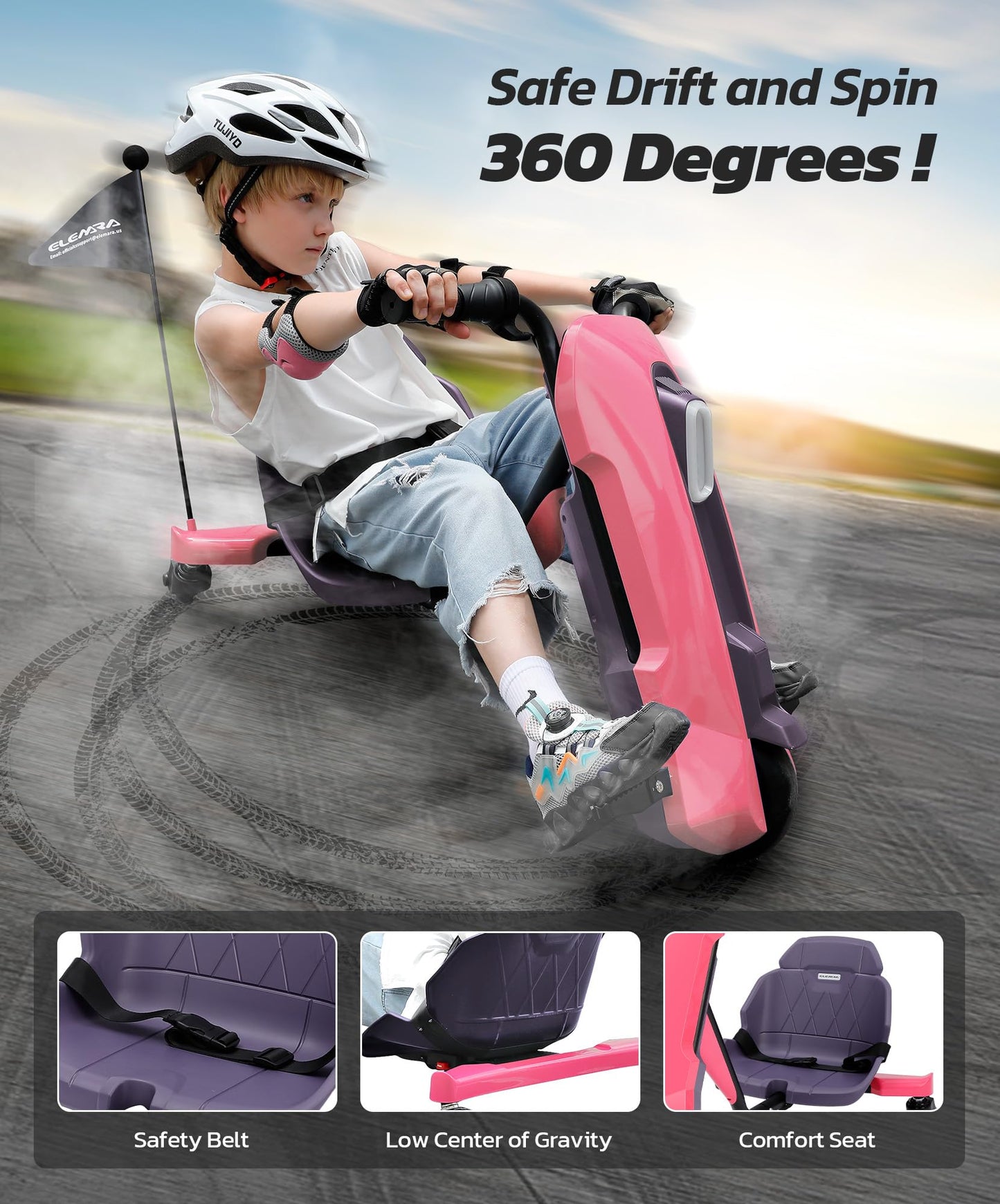 ELEMARA Drift Cart - 12V Electric Kart, Adjustable Seat, 5 MPH, Pink, 41"x22.2"x22.2", Kids Ride On Toy with LED Lights & Bluetooth