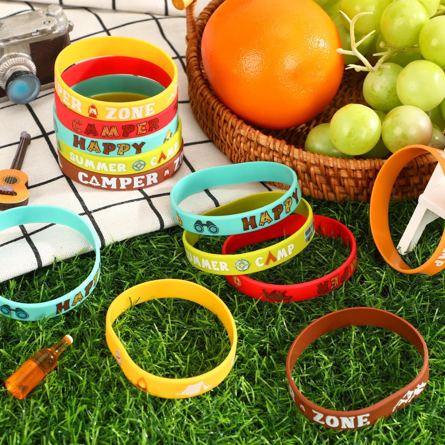 Junebrushs 42Pcs Camping Party Favors Silicone Bracelets Summer Camping Theme Rubber Wristbands Accessories For Adults Camping Adventure Birthday Party Decorations Gift Supplies