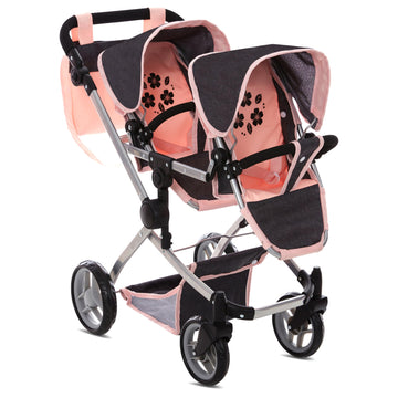 Dolls To Play Baby Doll Double Stroller, Twin Pink Pram Buggy Pretend Play For Girls, High Adjustable Handle Rotating Wheels Sto