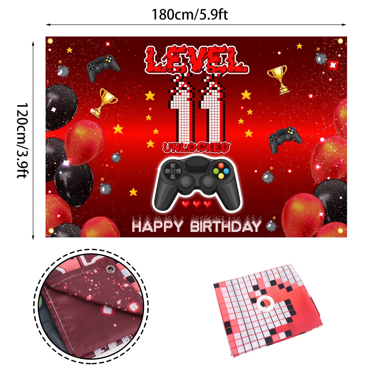 Level 11 Unlocked Backdrop Banner Decorations Video Game On Happy 11th Birthday for Boys Kids Red and Black 11 Years Old Level U