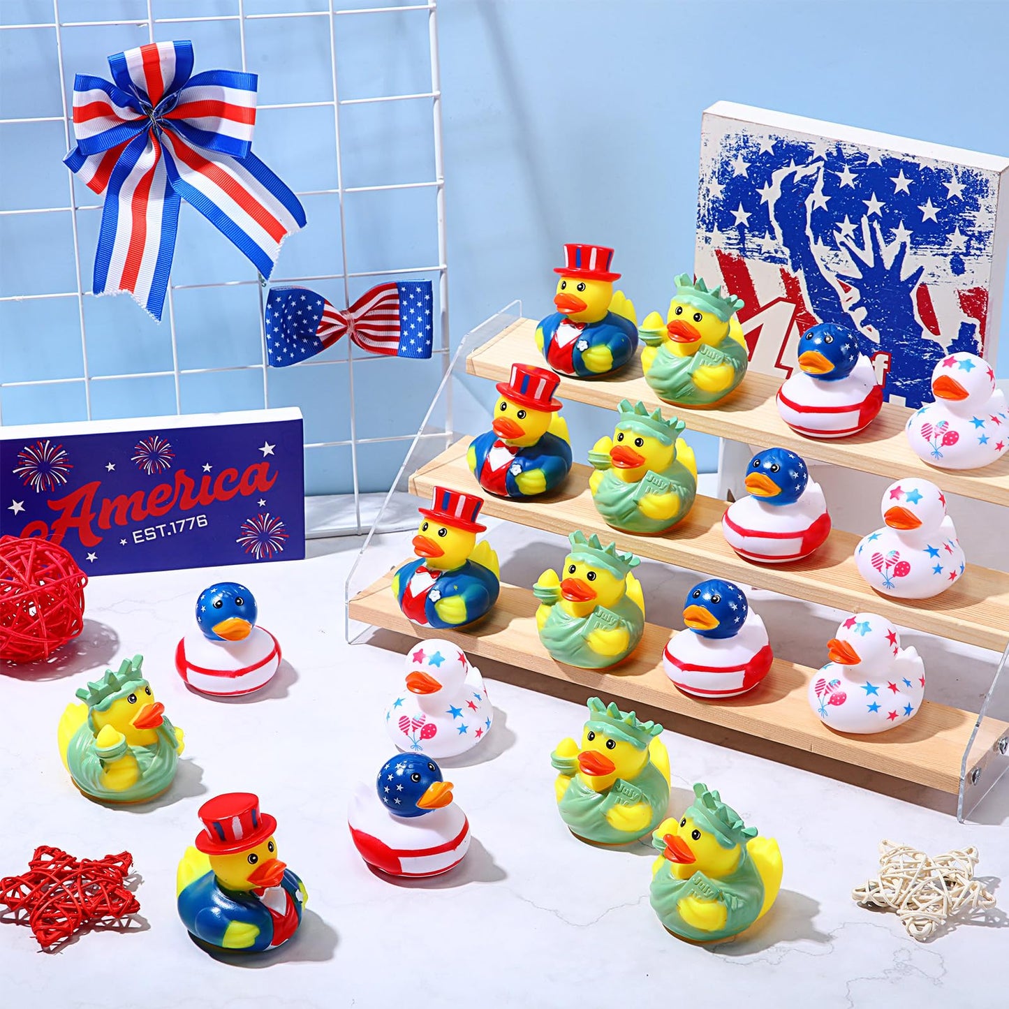 Jerify 24 Pcs 2 Inch Patriotic Rubber Ducks Summer Small Shower Float Rubber Ducks Star Ducky for Bath Birthday Gifts Baby Showers Beach Pool 4th of July Independence Day (Stylish)