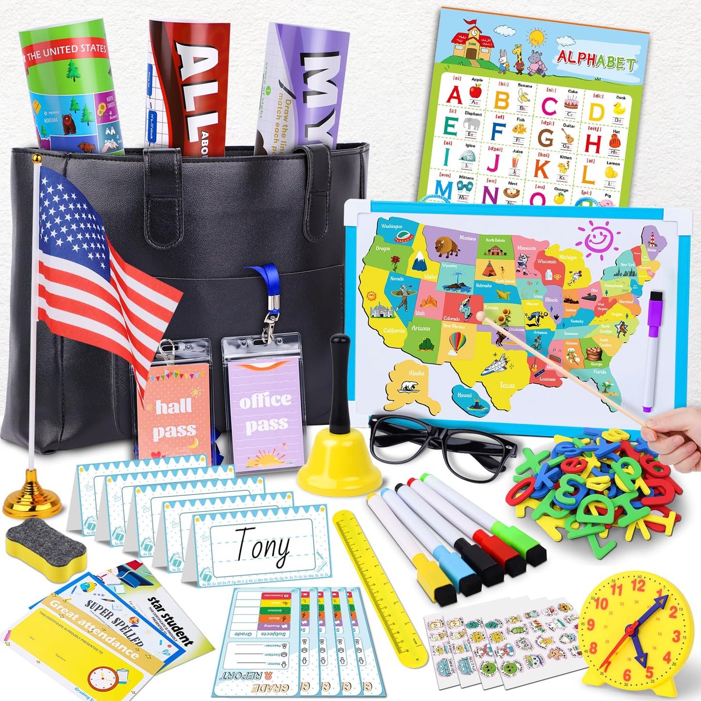 Gifts2U Pretend Play School Sets for Kids - With Teacher Bag, Whiteboard, Learning Clock, Educational Posters and Teaching Toy S