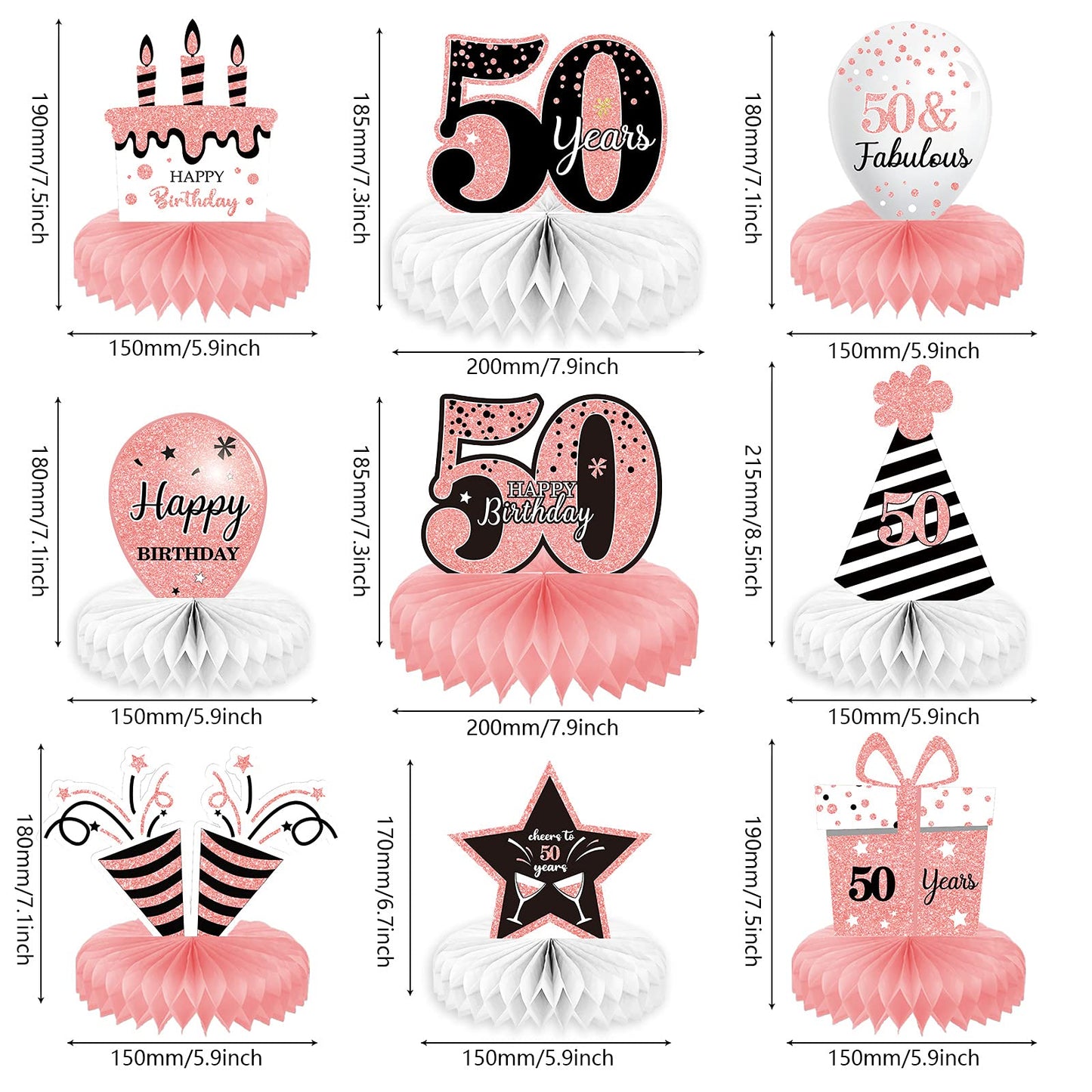 9 Pieces Rose Gold 50th Birthday decorations for Women Pink 50th birthday centerpieces for Table Decorations Cheers to 50 Years