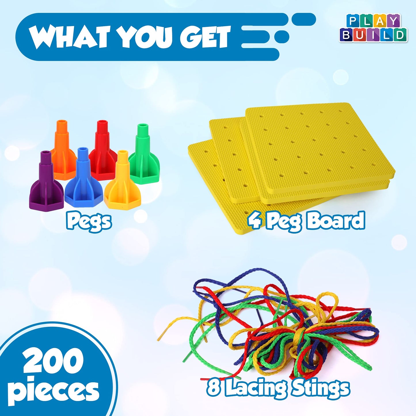 Play Build Rainbow Pegs And Board Deluxe 200Pc Set, Montessori Baby Toys, Stacking And Lacing Pegs, Baby And Toddler Toys, Play