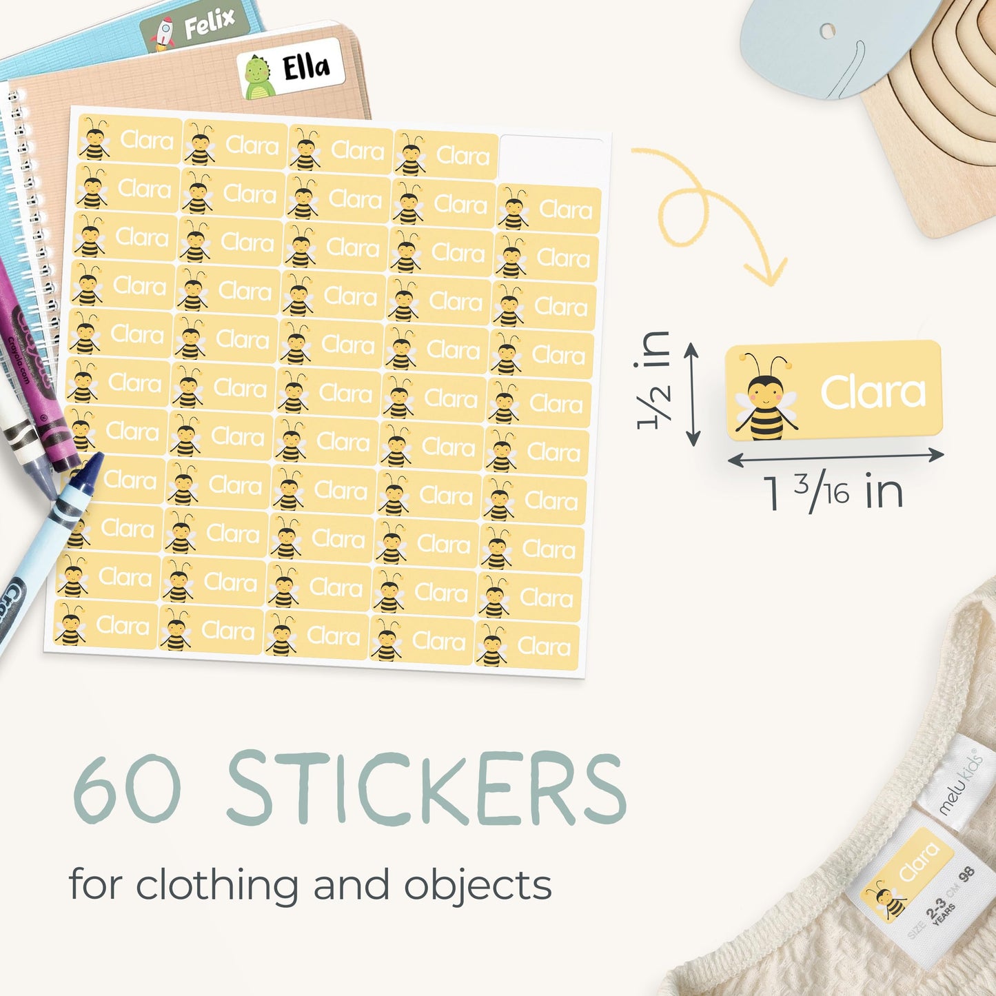 Personalized Name Labels for Kids, Clothing & Items (60), Custom Daycare Labels and School, Waterproof Name Tag Stickers (1.2