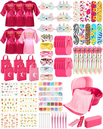 Suhine 6 Set Spa Party Supplies For Girls, Kids Satin Robes Nail Salon Kit Spa Kit Accessories For Birthday Party Favors (Cute C