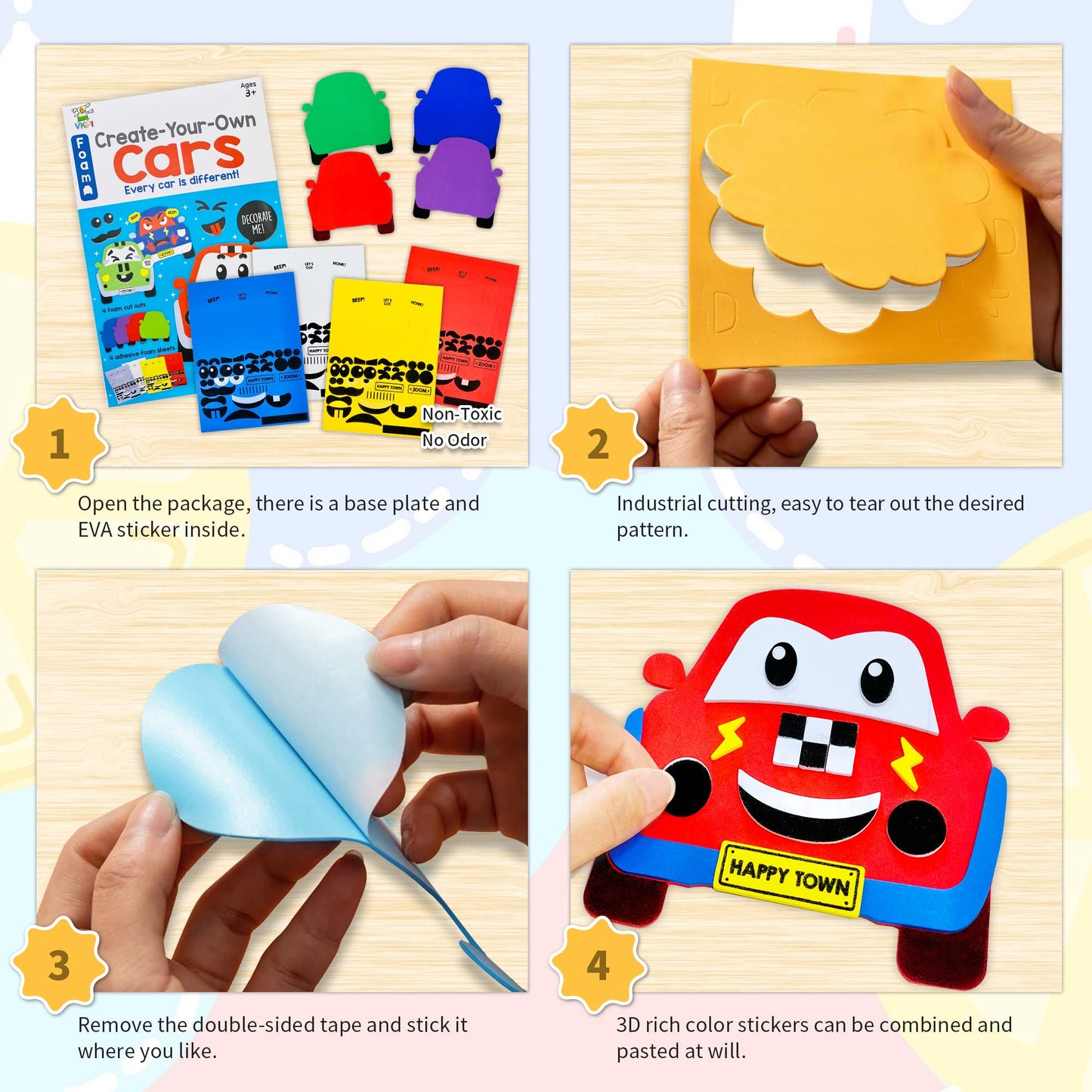 Vkpi 4 Pieces Eva Foam Art Crafts Gift Kit, Creative Make Your Own Cars, Cartoon Foam Paper Craft Projects For Kids Ages 4+ Todd