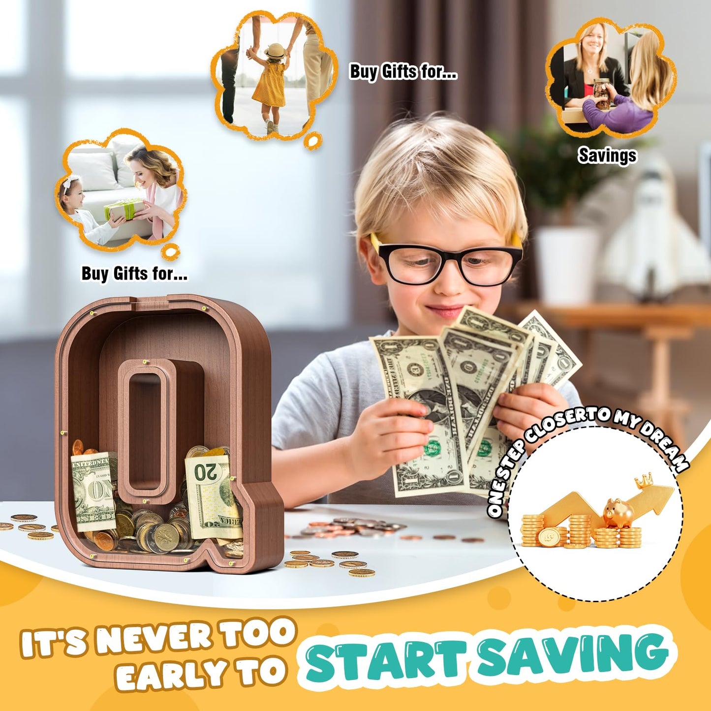 Summidate Wooden Letter Piggy Bank  Extra Thick Large Capacity Piggy Bank for Kids Boys Girls Toddler  Alphabet Q Money Bank| Coin Box Birthday  Christmas  Festival