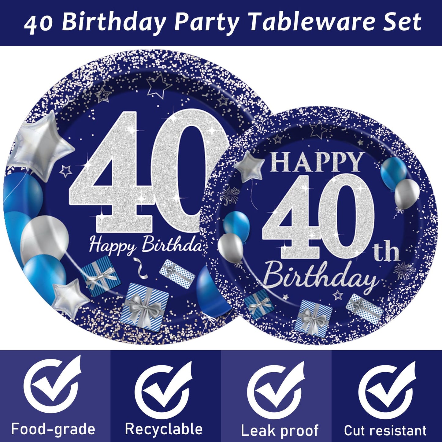 96 Pcs 40Th Birthday Party Supplies Navy Blue And Silver Birthday Plates 40Th Birthday Paper Tableware Happy Birthday Party Plat