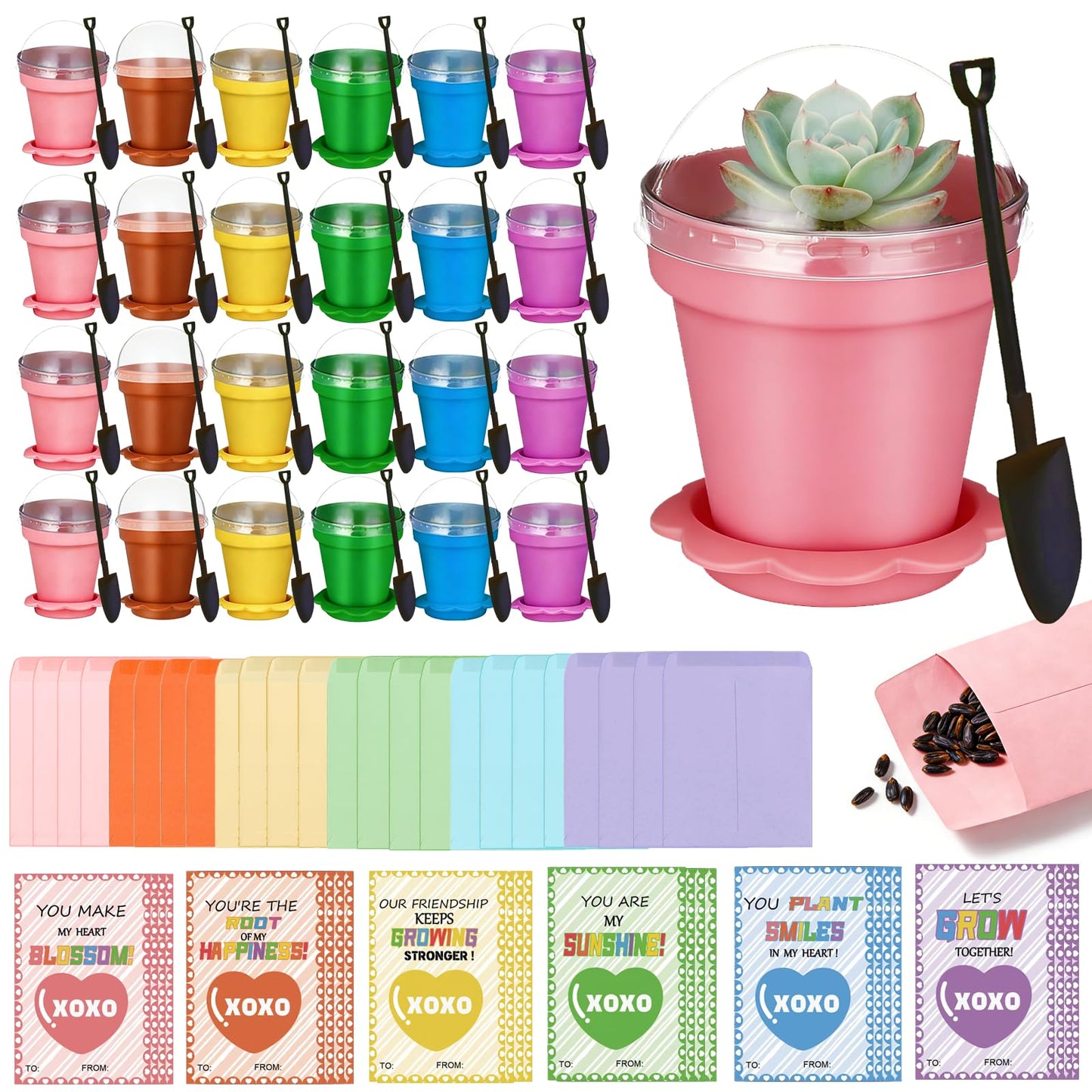 24 Set Valentines Day Cards for Kids Classroom,Nursery Pots with Humidity Dome Shovel and Seed Packet,Small Plastic Plant Pots V