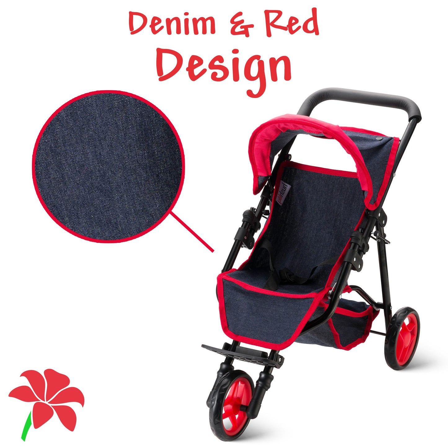Baby Doll Stroller For Dolls - Jogger Toy Doll Stroller For Toddlers 3 Years And Up, Adjustable Canopy & Storage Basket, Denim Design For Kids