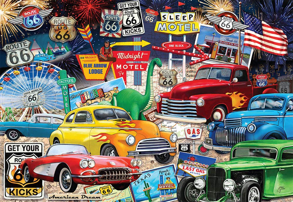 Crown Point Graphics Route 66 Vintage Cars and Trucks Puzzle  1000 Piece Jigsaw Puzzle